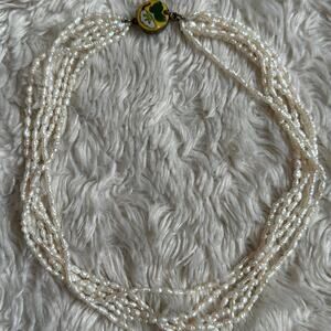 Vintage 6 Strand Freshwater Rice Irregular Pearl Necklace Cloisonne Closure